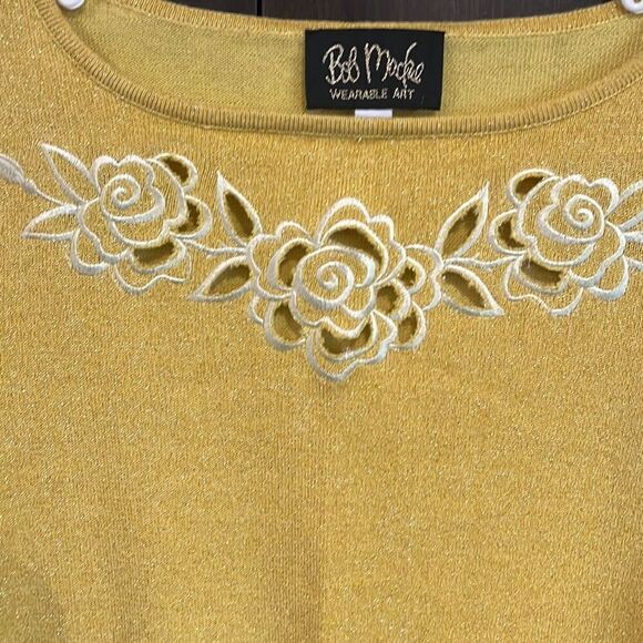 Bob Mackie Yellow Shimmery Metallic Threading Cut-Out Flowers Sweater - Picture 2 of 6